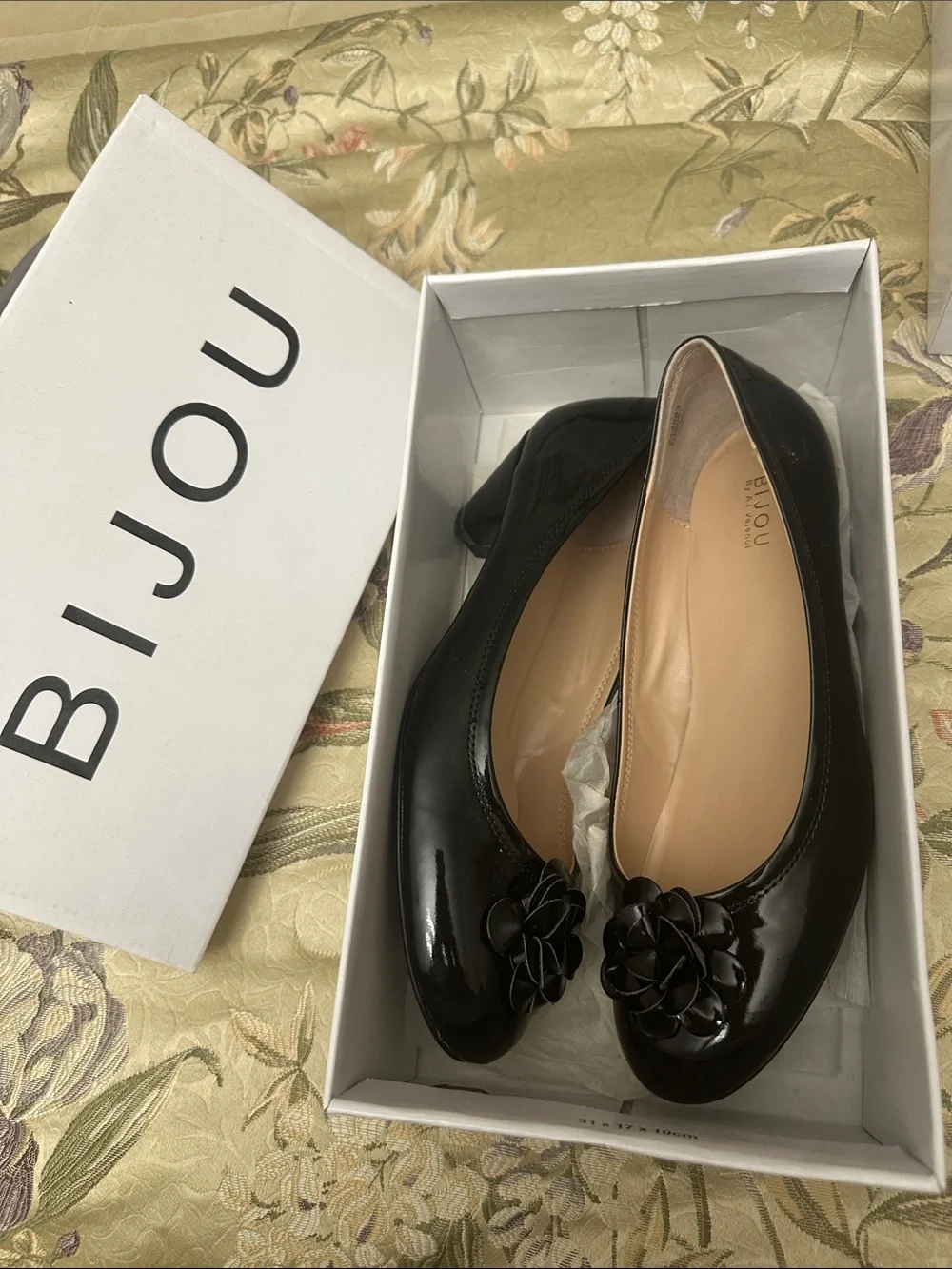 Bijou Black Patent Ballet Flats with Floral Toe Detail
